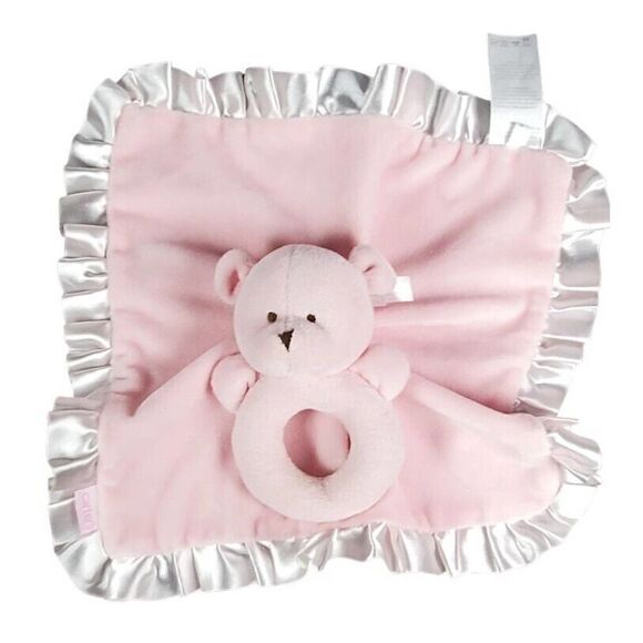 Carters Pink Teddy Bear Rattle Ring Lovey Baby Security Blanket Plush Satin Trim - Picture 1 of 9